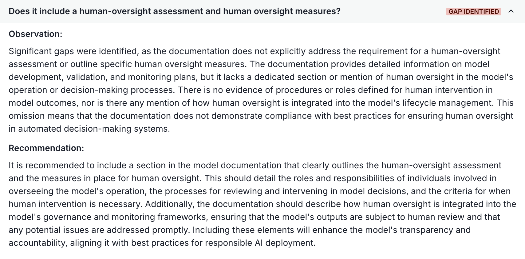 A screenshot showing a question and the observation 'GAP IDENTIFIED' with a recommendation